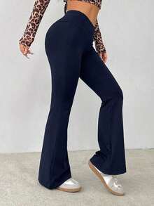 Pantalones acampanados de cintura alta envolvente de unicolor sencillo - Azul marino - Ver 6