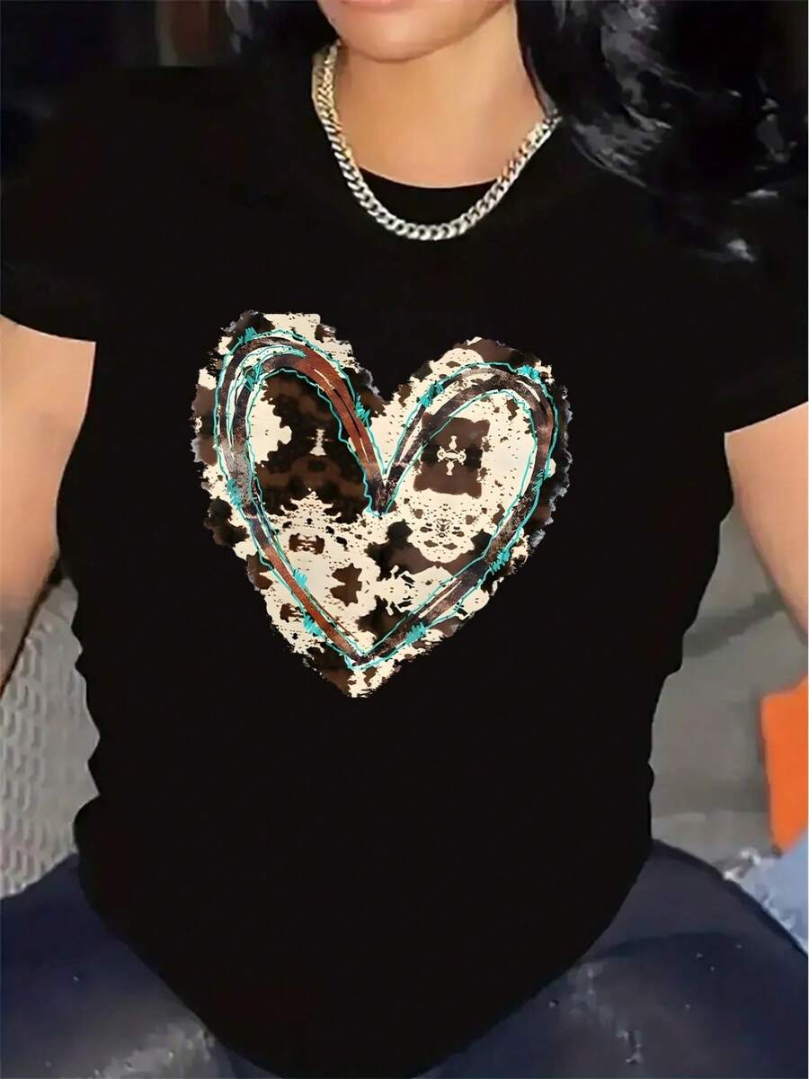 Camiseta Retro Vintage de Manga Corta con Estampado de Corazón | Tela, ligera y duradera, perfecta para uso casual en el hogar, restaurante u oficina, cuello redondo, elasticidad media. - Negro - Ver 1