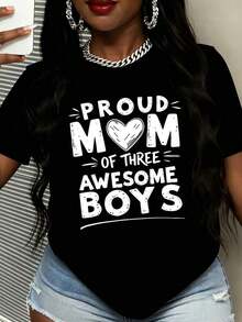 Women's T-Shirt: Women's "Proud Mom Of Three Cool Boys" T-Shirt With Black Graphic Print For Maternal And Family Pride, Casual Wear - 黑色 - 查看 3