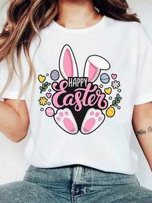 Happy Easter, Easter Bunny Print, Women's Casual Short Sleeve T-Shirt, Comfortable Fit, Matching Sets For Sisters, Outdoor Travel Essential, Women's T-Shirt, Spring/Summer T-Shirt. - 白色 - 查看 1