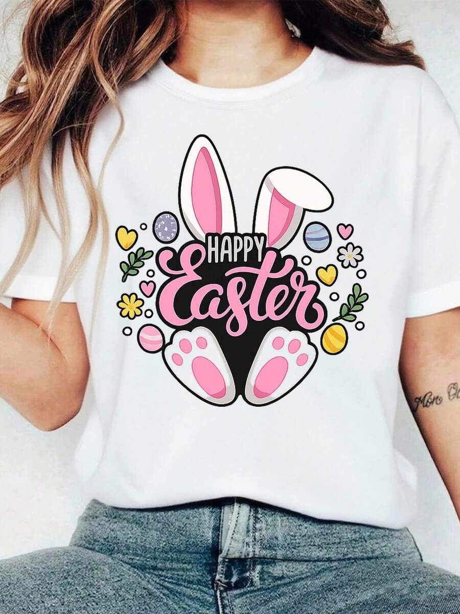 Happy Easter, Easter Bunny Print, Women's Casual Short Sleeve T-Shirt, Comfortable Fit, Matching Sets For Sisters, Outdoor Travel Essential, Women's T-Shirt, Spring/Summer T-Shirt. - 白色 - 查看 1
