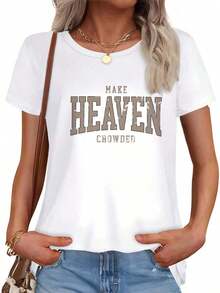 Soft 100% Cotton Women's Short-Sleeved T-Shirt With A Pink "MAKE HEAVEN CROWDER" Print On The Chest - Reversible, Suitable For All Seasons, Breathable, Washable, Crew Neck, Casual Top, Perfect For Layering. This Breathable Cotton T-Shirt Goes With Everything And Is Great. - 白色 - 查看 2