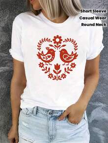 Women's T-Shirt With Romantic Heart And Bird Print - Short Sleeve Round Neck Blouse, Spring-Summer Casual Top With Medium Stretch Fabric, Perfect For Valentine's Day And Casual Wear - 白色 - 查看 1