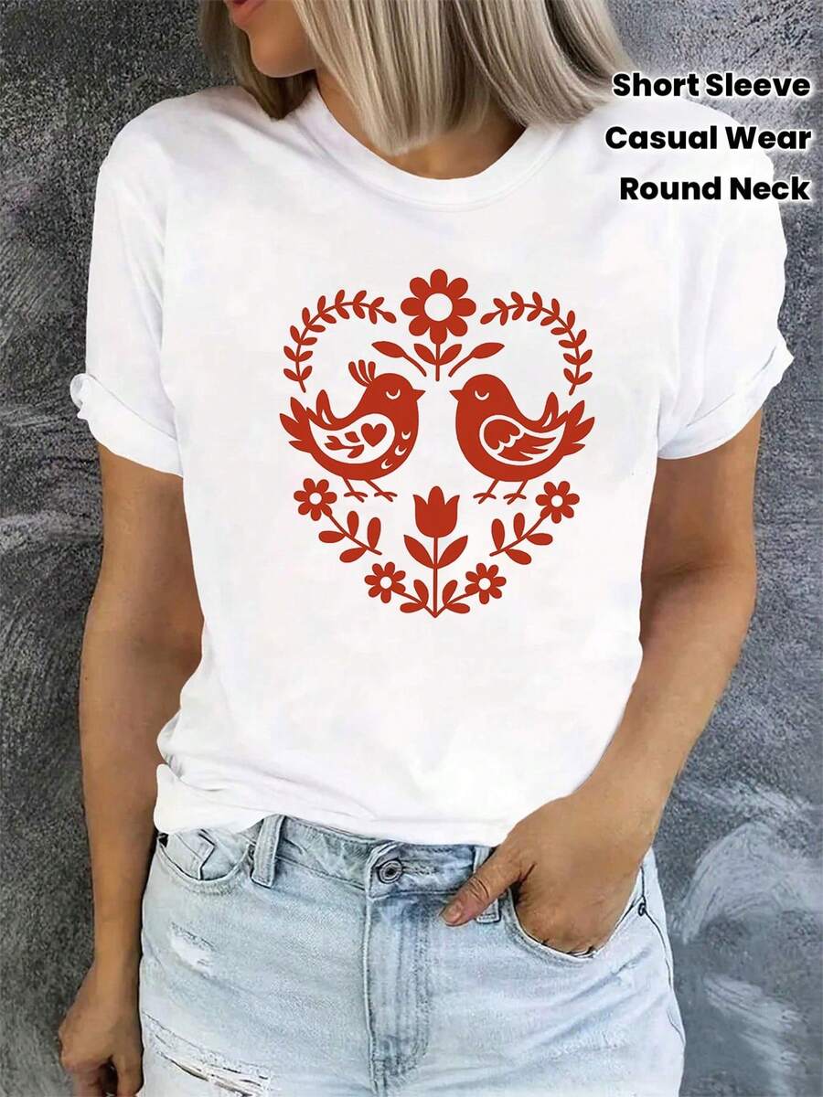 Women's T-Shirt With Romantic Heart And Bird Print - Short Sleeve Round Neck Blouse, Spring-Summer Casual Top With Medium Stretch Fabric, Perfect For Valentine's Day And Casual Wear - 白色 - 查看 1