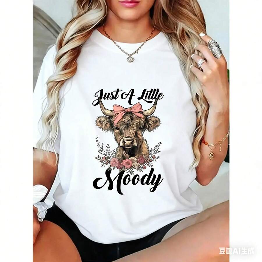 Women's Premium Summer T-Shirt With Highland Cow Print, Fun Flower And Farmer Design, Short Sleeve, Round Neck, Summer Casual Sportswear - 白色 - 查看 1