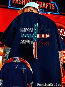 Patriotic Christian Faith T-Shirt, Defend The Flag, Kneel For The Cross, Religious T-Shirt, Cross Design, Men's T-Shirt Showing American Pride, Conservative Christian Cotton Clothing - 酒紅色 - 查看 1