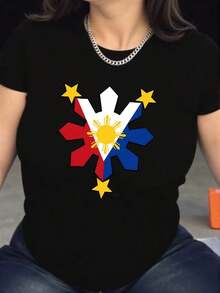 Philippine Flag Graphic T-Shirt - Soft Breathable Polyester Blend, Quick-Dry Casual Tee With Sun & Stars Design, Machine Washable For Outdoor & Casual Attire, Comfortable Daily Wear |   Flaginspired Design |   Breathable Fabric Soft Material-High QualityFor Summer - 黑色 - 查看 7