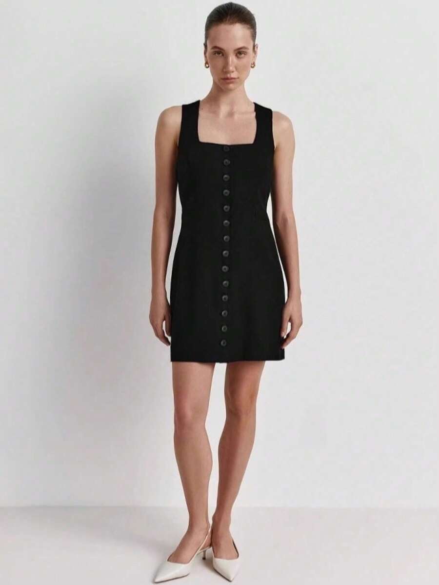 Sleeveless Button-Down Dress With Round Neck, Elegant Summer Style 2026 - 黑色 - 查看 1