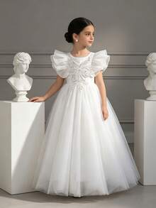Girls Flower Girl Elegant Embroidered Bow Flutter Sleeve Mesh White Long Dress, Princess Dress For Birthday Party, Ball, Christening - White - View 2