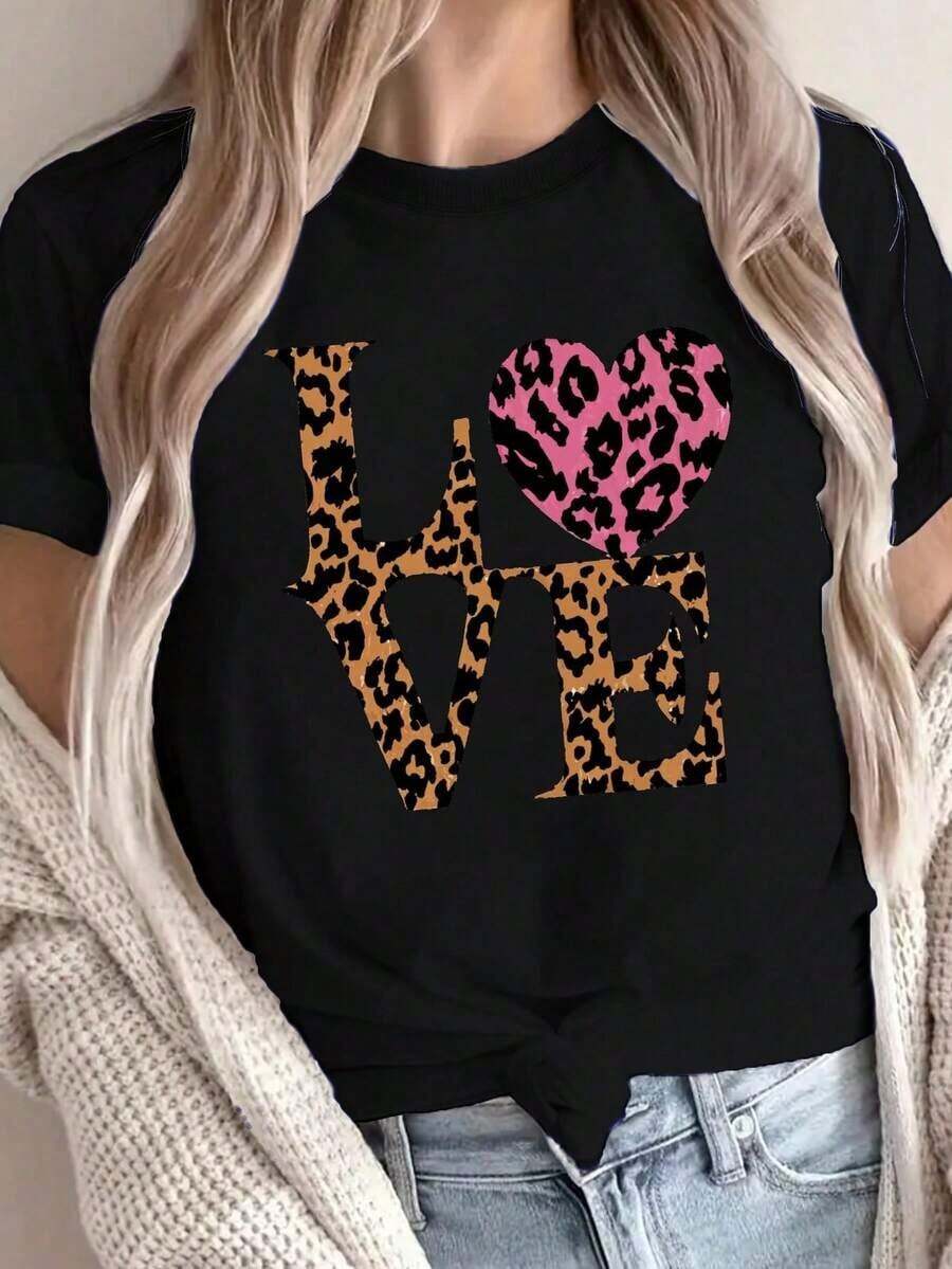 1 Piece Fashion Casual T-Shirt For Men And Women With Leopard Print And Round Neck, Casual Short Sleeve T-Shirt For Spring And Summer, Women's Clothing 4YNS Versatile, Easy To Match, For Daily Wear, Urban Style, Vacation Wear, Weekend Wear. - 黑色 - 查看 1