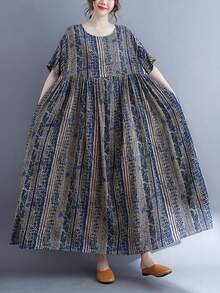 Summer 2026 Striped Dress, Women's Bohemian Casual Beach Vacation Dress. This Loose-Fitting A-Line Dress Features A Round Neck And Batwing Sleeves. - Azul Marino - 查看 4