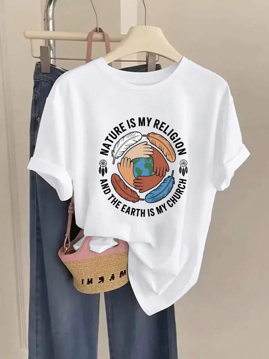 | Exquisite Design | Loose And Comfortable | Easy To Match | Short-Sleeved Printed T-Shirt - Nature Is My Conviction, The Earth Is My Church - Fashionable Printed T-Shirt For Women, Spring/Summer, Item, Versatile And Casual. - 白色 - 查看 1