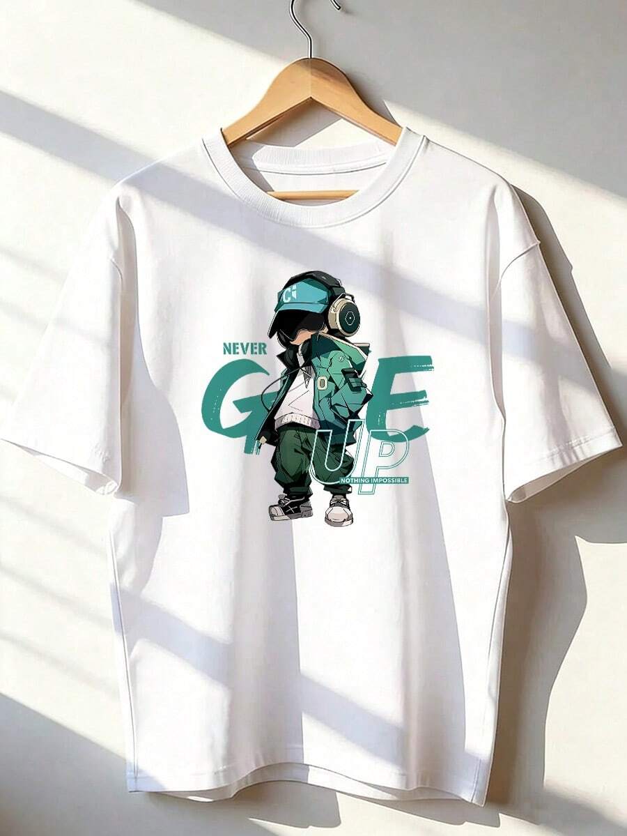 Anime-Style Character T-Shirt With "NEVER GIVE UP" Text.  Short-Sleeved T-Shirt For Spring And Summer 2026, Made In Mexico, 180 Grams. Cartoon Print, Couple Design, Suitable For Indoor Or Outdoor Wear. Crew Neck, Unisex, Ideal For The Office And Leisure. One-Pack. - WH-P631577SLNDXZGY597 - 查看 1