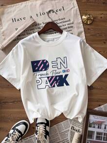 T-Shirt With "DEN PARK" And "French Flair" Text,  Short-Sleeved T-Shirt For Spring And Summer 2026, Made In Mexico, 180 Grams. Cartoon Print, Couple Design, Suitable For Indoor Or Outdoor Wear. Crew Neck, Unisex, Ideal For The Office And Leisure. One-Pack. - WH-P631577SLNDXZGY604 - 查看 3
