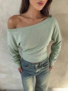 Top de manga larga asimétrico de hombro de punto de color albaricoque para mujer, otoño/invierno - Verde - Ver 4