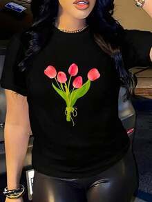 Women's Casual Cotton Camisole With A Beautiful Floral Bouquet Print, Round Neck, Short Sleeves, And A Versatile Design, Perfect For Summer. Suitable As A Gift. Women's T-Shirt. Blouses > Elegant. Boho Chic. Soft, Breathable, And Comfortable Women's Top, Ideal For Spring, Summer, And Fall, Perfect For Vacations, Travel, And Everyday Wear. - 黑色 - 查看 1