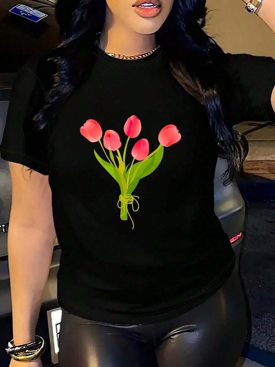 Women's Casual Cotton Camisole With A Beautiful Floral Bouquet Print, Round Neck, Short Sleeves, And A Versatile Design, Perfect For Summer. Suitable As A Gift. Women's T-Shirt. Blouses > Elegant. Boho Chic. Soft, Breathable, And Comfortable Women's Top, Ideal For Spring, Summer, And Fall, Perfect For Vacations, Travel, And Everyday Wear. - 黑色 - 查看 1