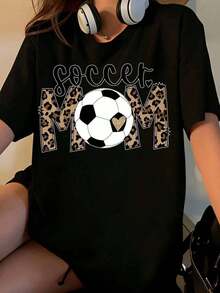 Women's Leopard Print T-Shirt, Casual Summer Style, Gift For Soccer Fans, White Cotton T-Shirt - 黑色 - View 1