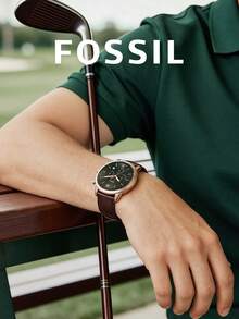 Fossil 男士圆形石英表，橄榄绿旭日纹表盘，玫瑰金罗马数字时标，3个小表盘，日期显示窗，暖玫瑰金合金表壳，棕色皮表带，成熟绅士秋季风格男士礼物 - 咖啡色 - 查看 3