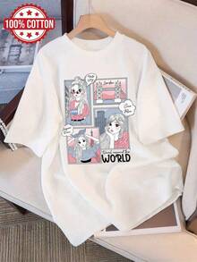 | Exquisite Design | Loose And Comfortable | Easy To Match | Fashion Illustration People Iconic Places Hello My London Ciao Italy Bonjour Paris World Print Short Sleeve Crew Neck T-Shirt Pure Cotton [Chu] - 白色 - 查看 1
