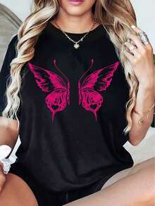 Women's Summer 2026 Round Neck T-Shirt, Fashionable Pink Butterfly Design, Stylish And Unique Product, Casual Cut With Short Sleeves And Slightly Stretchy Fabric, Suitable As A Gift. Women's T-Shirt. Blouses>Elegant. Boho Chic, Soft, Breathable And Comfortable Women's Top, Ideal For Spring, Summer And Autumn, Perfect For Vacations, Travel And Everyday Wear. - 黑色 - 查看 7
