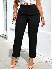 Pantalones de trabajo ajustados y acortados de color liso que ceñen la cintura - Negro - Ver 3
