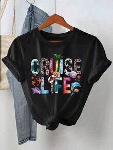 Women's "Cruise Life" Short Sleeve Crew Neck T-Shirt - White And Navy, Off-Shoulder Crop Top For St. Patrick's Day, 100% Cotton. Casual Women's Printed Short Sleeve Crew Neck T-Shirt, Local Spring/Summer Streetwear. - 黑色 - 查看 6