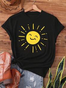 Retro Vintage T-Shirt With Smiling Sun Print, Short Sleeve, Round Neck, Casual Top For Summer And Spring, Women's Clothing, Cotton T-Shirt - 黑色 - 查看 8