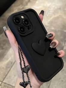 1pc Fashionable Black Heart-Shaped Phone Case, Compatible With IPhone 12/13 Pro Max, Honor X7, Galaxy A56 5G, Smart 8, Hot 40i, Spark 20, Spark 20C, Spark Go 2024, Note 14 5G, Moto E22/E22i, A54, Full-Coverage Shock-Proof Protective Case, Minimalist Design With Wrist Strap, Suitable For Daily Use And Outdoor Carrying - Black - View 1