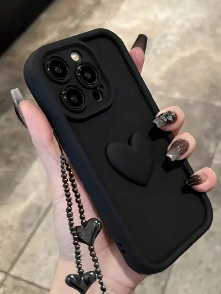 1pc Fashionable Black Heart-Shaped Phone Case, Compatible With IPhone 12/13 Pro Max, Honor X7, Galaxy A56 5G, Smart 8, Hot 40i, Spark 20, Spark 20C, Spark Go 2024, Note 14 5G, Moto E22/E22i, A54, Full-Coverage Shock-Proof Protective Case, Minimalist Design With Wrist Strap, Suitable For Daily Use And Outdoor Carrying - Black - View 1