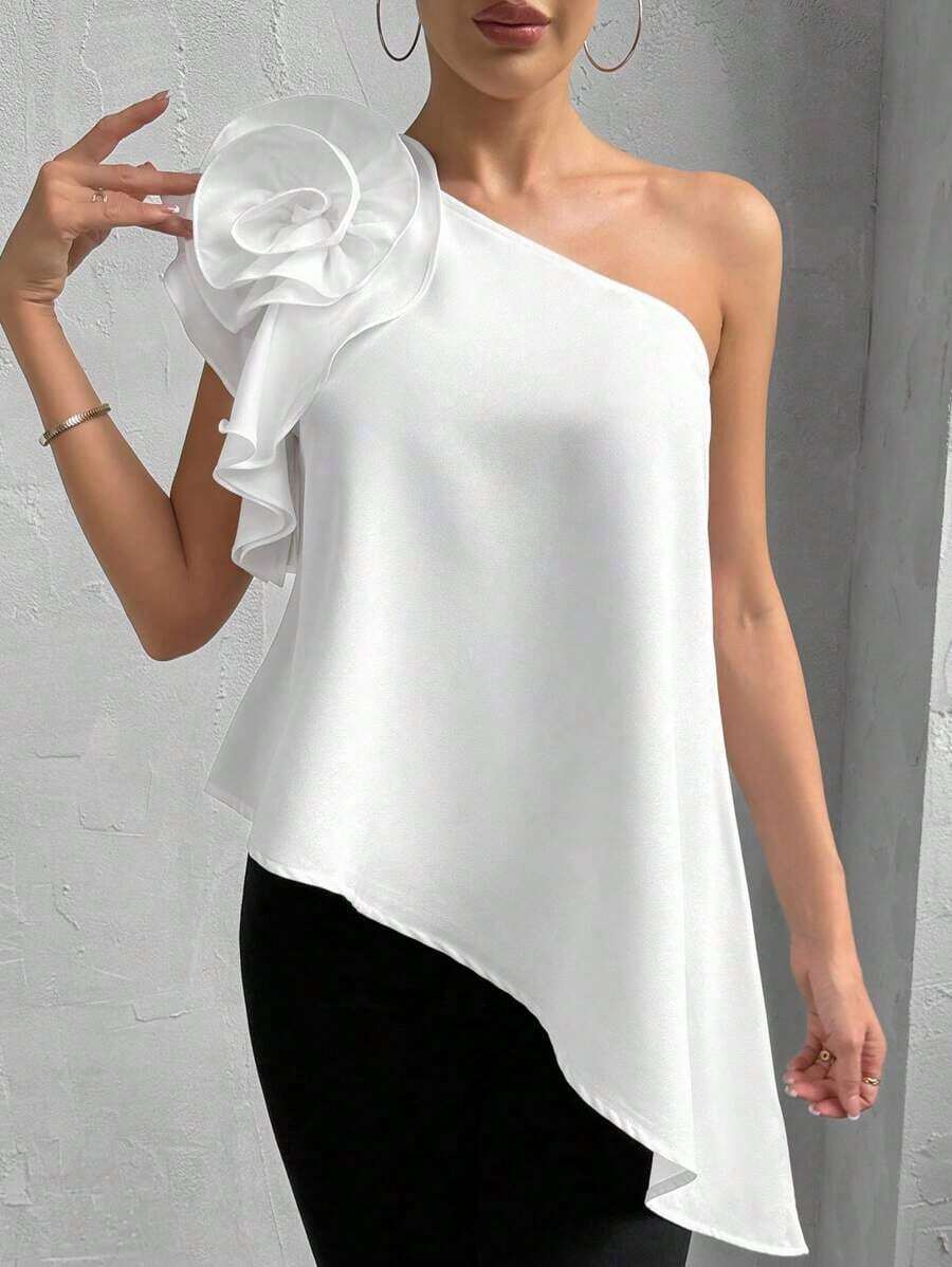 Camiseta asimétrica de verano elegante para mujer con flores 3D, sin mangas y con hombro oblicuo - Blanco - Ver 1