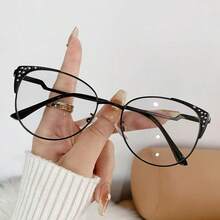 1PC Women's Premium Rhinestone Bling Bling Textured Dual-Tone Metal Modern Retro Cat Eye New Glasses Frame, Daily Commute All-Season Glasses Accessory First Choice Computer Glasses, Suitable For Back To School And Indoor/Outdoor Wear - Transparent white blue light - View 11