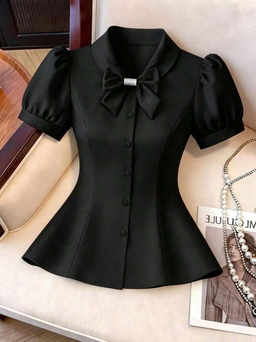 CURVE Blusa de manga de pétalo con lazo decorativo, casual/para el trabajo, talla grande de verano - Negro - Ver 1