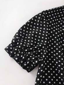 Blusa de manga corta holgada, casual, elegante, dulce y retro con estampado de lunares, cuello con volantes y talla grande para primavera/verano - Multicolor - Ver 5
