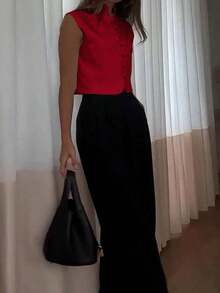 Blusa sin mangas elegante de mujer de doble botonadura, unicolor, blanco casual de verano - Rojo - Ver 5
