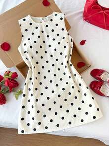 de mezclilla casual sin mangas con estampado de lunares para mujer de talla grande - Blanco y Negro - Ver 1