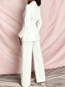 Conjunto de blazer y pantalones de unicolor y manga larga minimalista para mujer - Blanco - Ver 4