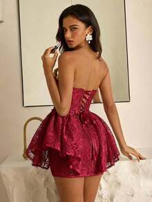 Vestido elegante, noble y de estilo palaciego de encaje blanco sin tirantes, con ballenas, cintura marcada y silueta evasé, adecuado para despedida de soltera, boda, graduación, vacaciones, fiesta de novia y Día de San Valentín - Burdeos - Ver 2