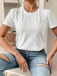 Camiseta blanca de cuello redondo con bordado de ojales, minimalista para ir a la oficina, estilo antiguo y sencillo - Blanco - Ver 3