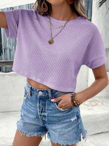Camiseta corta de manga de murciélago color rosa sólido de primavera - Lila Púrpura - Ver 6
