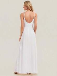 Elegante vestido de noche de unicolor y sexy, vestido de dama de honor con abertura alta y tirantes finos en azul marino, vestido formal para invitados de boda en primavera - Blanco - Ver 2