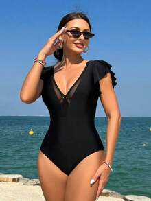 Swim Vcay Traje De Baño De Una Pieza Para Mujer Con Ribete De Volantes - Negro - Ver 3