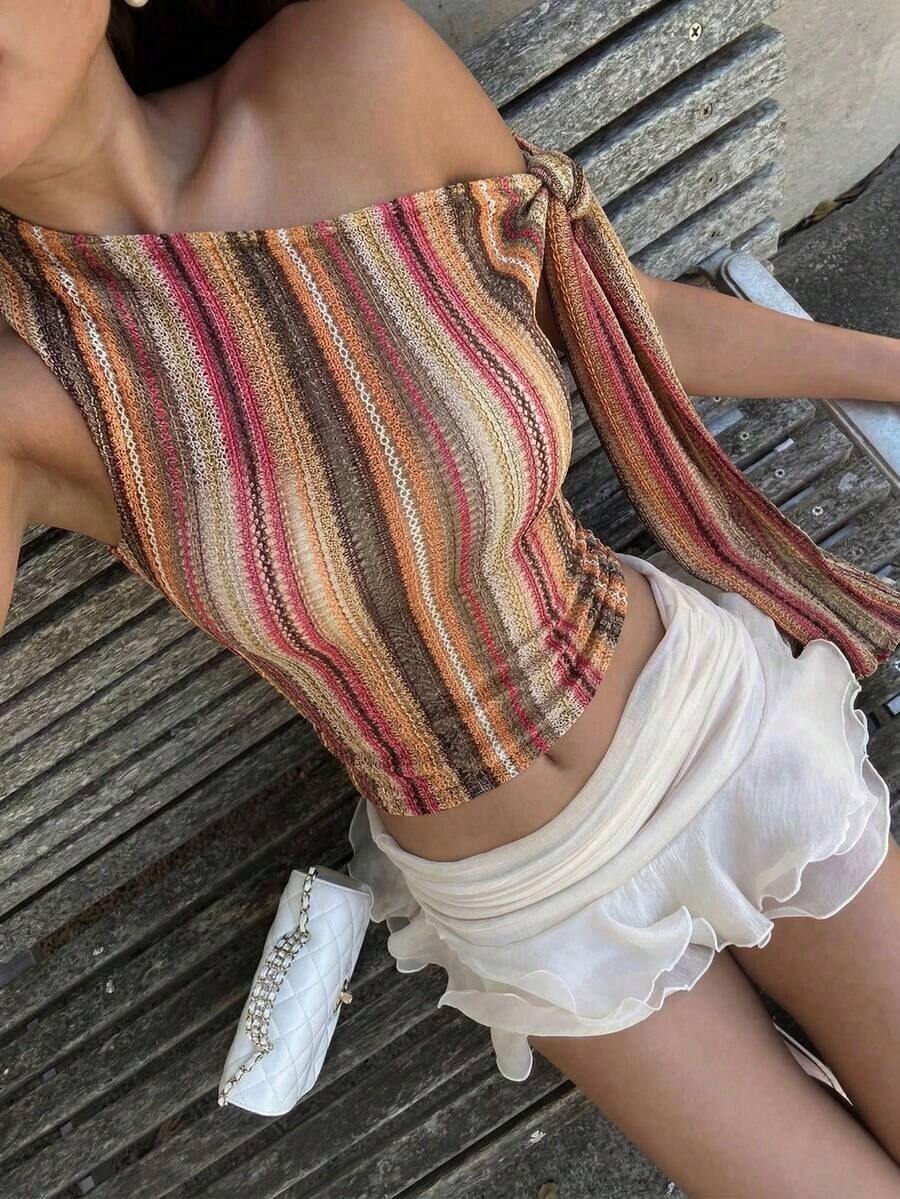 de mujer de estilo elegante y romántico para primavera, con cuello asimétrico, estilo elegante y sexy, adecuado para fiestas, vacaciones, citas románticas y vestidos de boda, con textura de punto y tirantes cruzados en los hombros, en color - Marrón - Ver 1