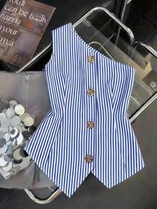 Una blusa de mujer de verano de gran tamaño, de estilo casual y con rayas tejidas - Azul y blanco - Ver 1