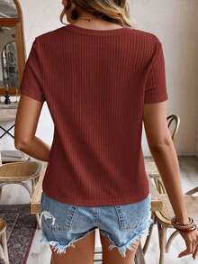 de manga corta para la primavera y el verano con cuello redondo y unicolor en tela texturizada para uso casual - Color caoba - Ver 2