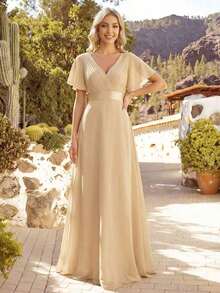 Vestido de dama de honor con cuello en V elegante, mangas con volantes y mariposa, color verde salvia, vestido de invitada de boda, vestido de primavera semi-formal para boda, fiesta de cumpleaños, graduación, Día de San Valentín - Champán - Ver 7