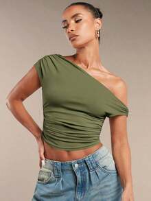 Blusa de verano de unicolor con hombro asimétrico y fruncido para mujer - Verde militar - Ver 4