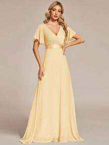 Vestido de dama de honor con cuello en V elegante, mangas con volantes y mariposa, color verde salvia, vestido de invitada de boda, vestido de primavera semi-formal para boda, fiesta de cumpleaños, graduación, Día de San Valentín - Amarillo - Ver 3