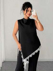 Blusa sin mangas con dobladillo de encaje para mujer de talla grande, elegante blusa larga de estilo vintage, versátil para el trabajo, graduación, vacaciones, San Valentín, festivales de música, Día de la Madre, Halloween, Acción de Gracias, Pascua, Día Nacional, bailes, citas, bodas, salidas, etc. - Blanco y Negro - Ver 1