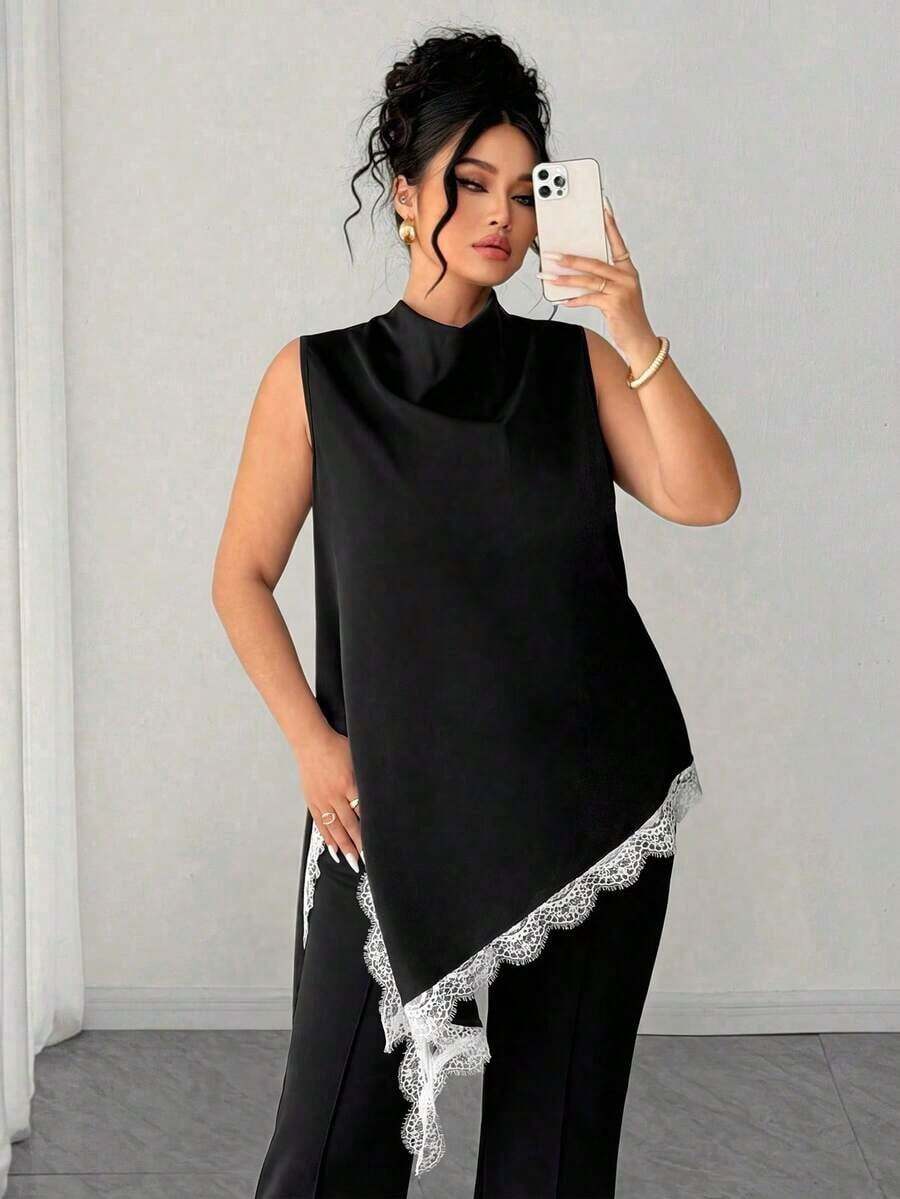 Blusa sin mangas con dobladillo de encaje para mujer de talla grande, elegante blusa larga de estilo vintage, versátil para el trabajo, graduación, vacaciones, San Valentín, festivales de música, Día de la Madre, Halloween, Acción de Gracias, Pascua, Día Nacional, bailes, citas, bodas, salidas, etc. - Blanco y Negro - Ver 1